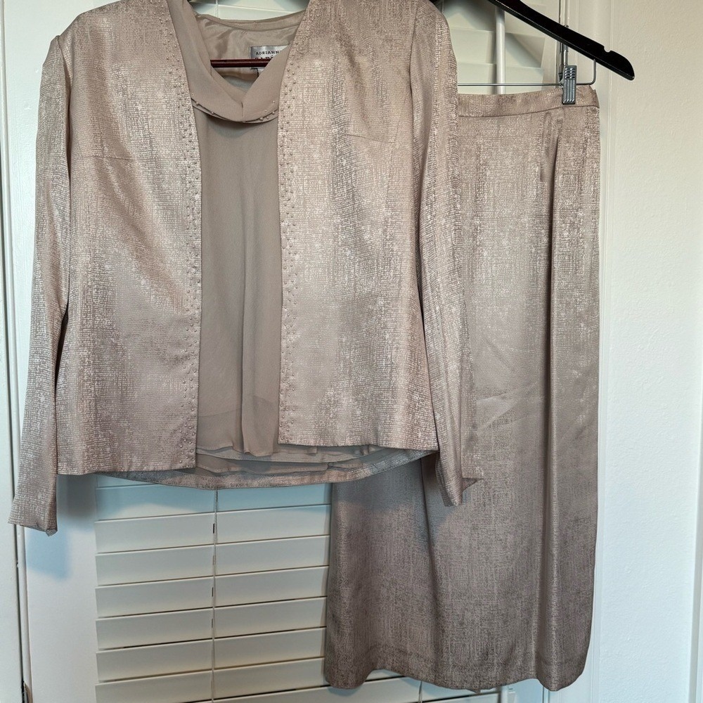Adrianna Papell 3pc Silk Suit Set Champagne Metallic Beaded Jacket Top Skirt 8